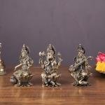 4" Brass Superfine Ganesha Lakshmi Saraswati Set | Divine Trinity on Lotus | Sacred Festival Idols